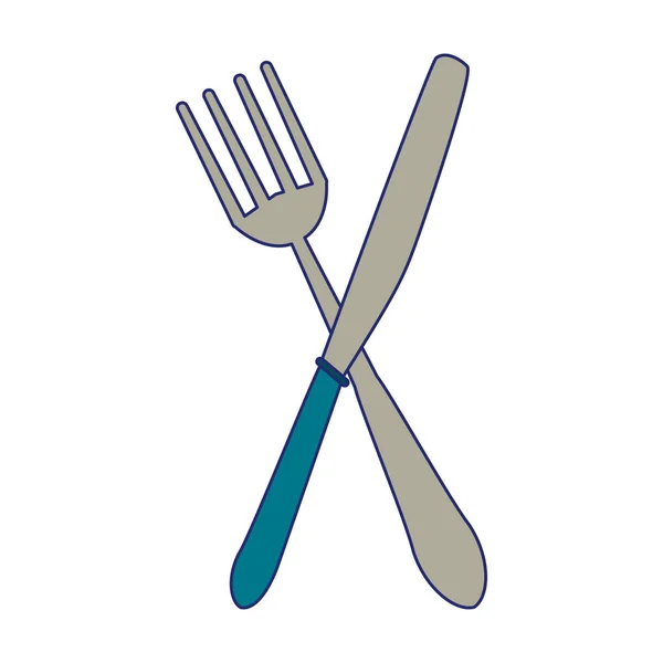 Cubertería tenedor y cuchillo cruzados símbolo líneas azules — Vector de stock