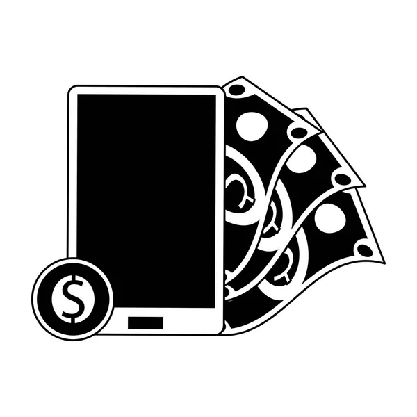 Smartphone und Geldsymbol in Schwarz-Weiß — Stockvektor