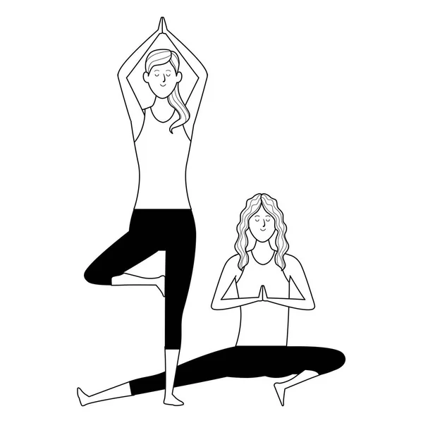 Mujeres yoga poses blanco y negro — Vector de stock