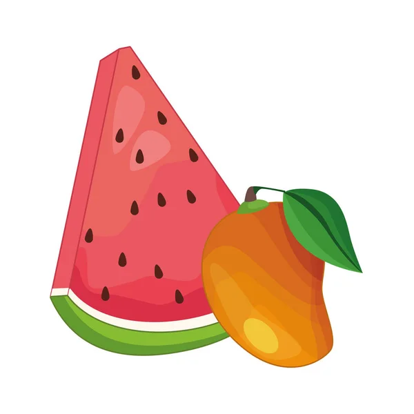 Vattenmelon skivad frukt och mango tecknad — Stock vektor