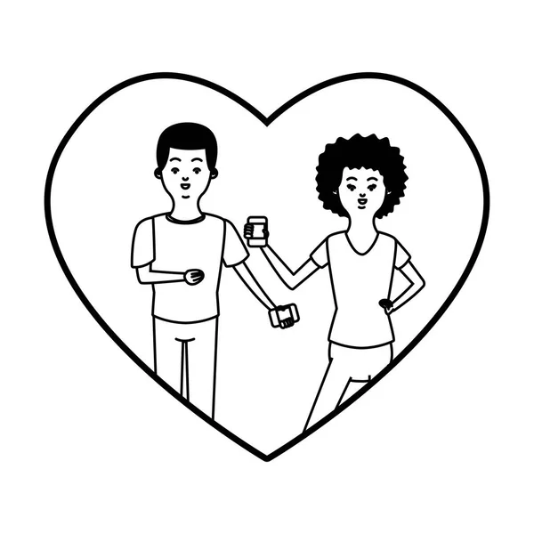 Millennial par i hjärt ram tecknad i svart och vitt — Stock vektor