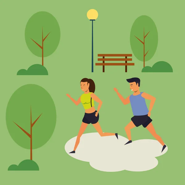 Gente corriendo en el parque paisaje de dibujos animados — Vector de stock