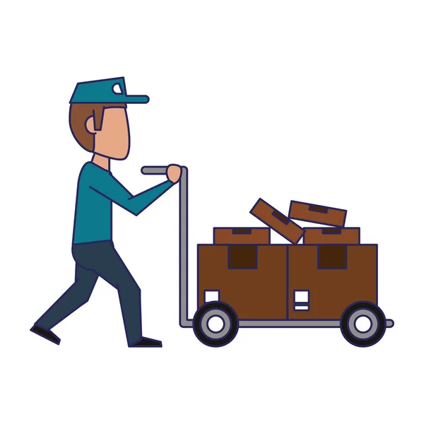 Courier empurrando handtruck com caixas linhas azuis — Vetor de Stock