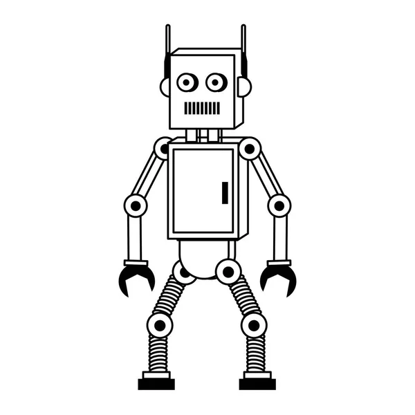 Robot divertido personaje de dibujos animados aislados en blanco y negro — Vector de stock