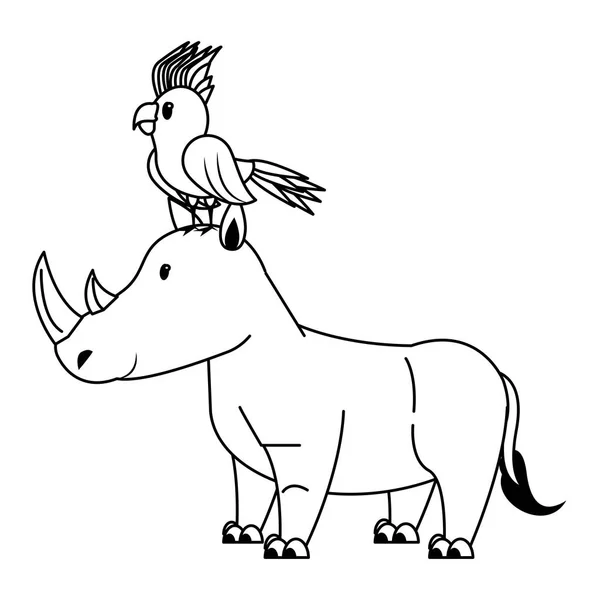 exotic bird on rhino wildlife cute animal cartoon in black and white