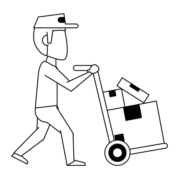 Courier pushing handtruck with boxes in black and white — Stock Vector