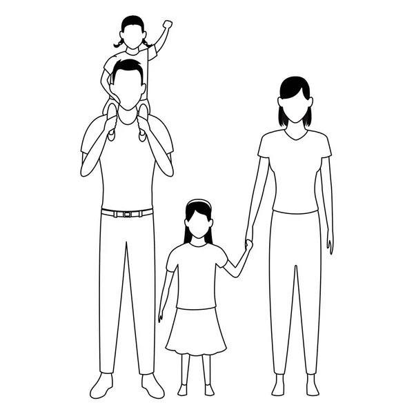 Família avatar personagem cartoon preto e branco — Vetor de Stock