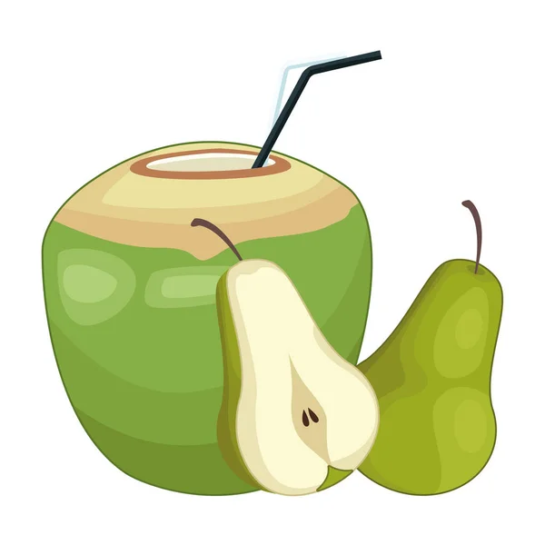 Cocktail à la noix de coco et poire demi-coupe dessin animé — Image vectorielle