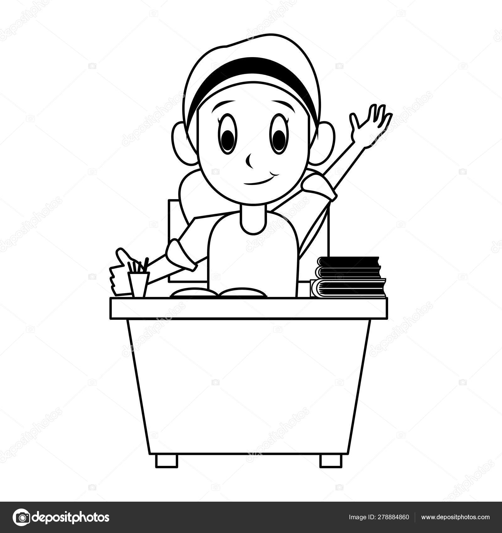 Kid Seated In School Desk In Black And White Stock Vector