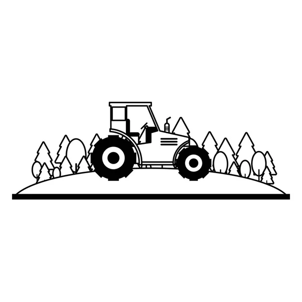 Tracteur agricole dans les paysages naturels en noir et blanc — Image vectorielle