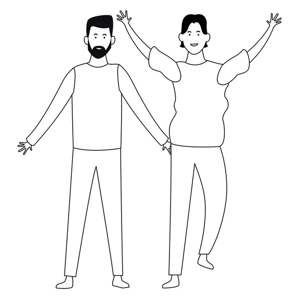 Couple dessin animé souriant en noir et blanc — Image vectorielle