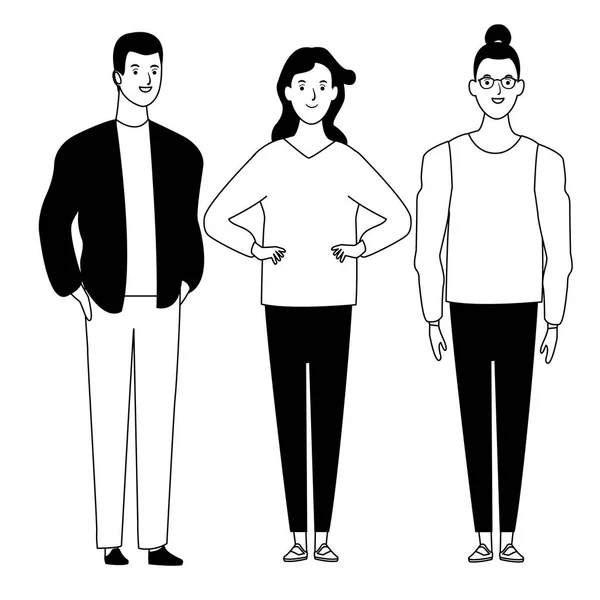 Grupo de personas personaje de dibujos animados avatar en blanco y negro — Vector de stock