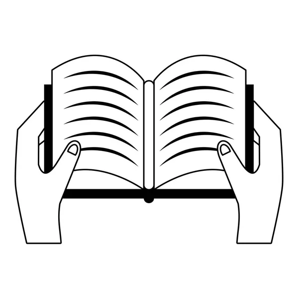 Ręka z książki otwartej kreskówki na białym tle w czerni i bieli — Wektor stockowy