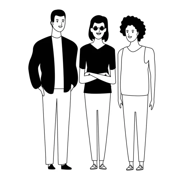Grupo de personas personaje de dibujos animados avatar en blanco y negro — Vector de stock