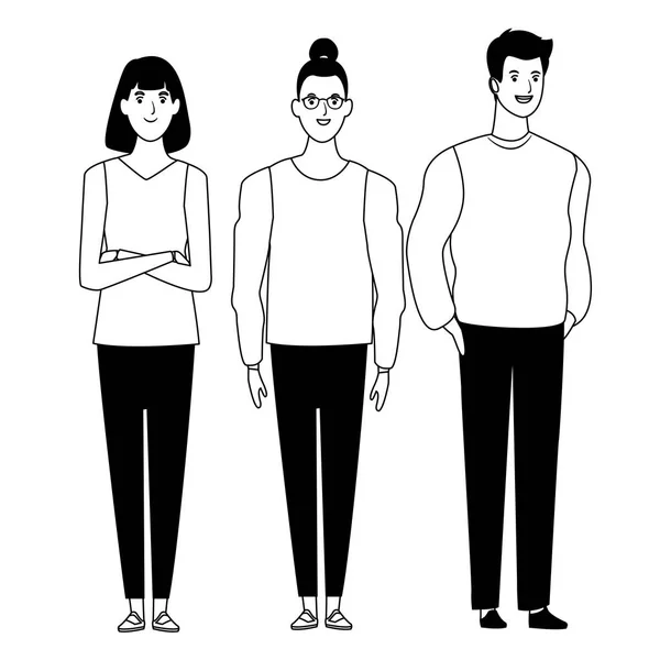 Grupo de personas personaje de dibujos animados avatar en blanco y negro — Vector de stock