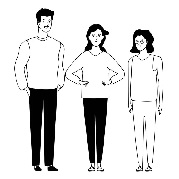 Grupo de personas personaje de dibujos animados avatar en blanco y negro — Vector de stock