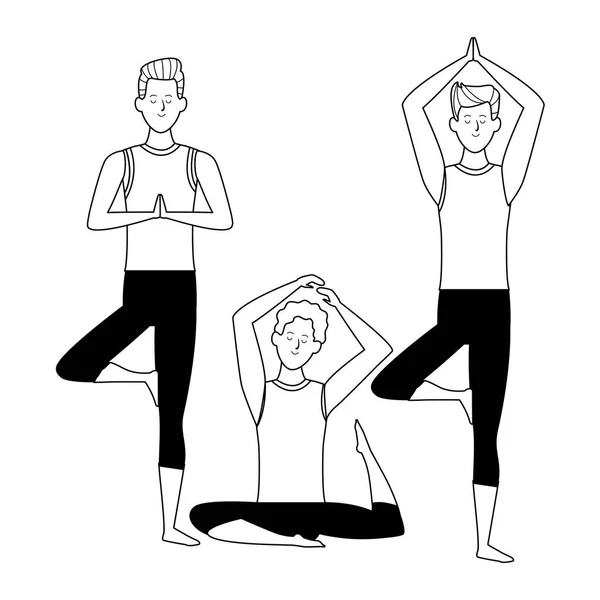 Hombres yoga poses blanco y negro — Vector de stock