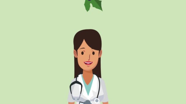 Mujer médico y comida saludable HD animación — Vídeo de stock