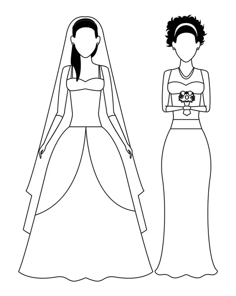 Vrouwen dragen trouwjurk zwart-wit — Stockvector