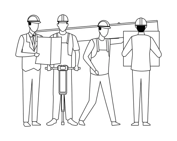 Trabajadores de la construcción herramientas en blanco y negro — Vector de stock