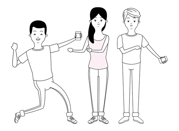 Millennials et smartphones dessins animés en noir et blanc — Image vectorielle