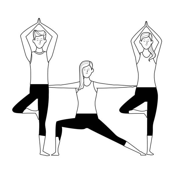 Mensen yoga poses zwart-wit — Stockvector