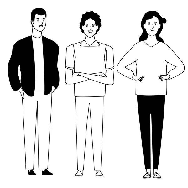 Grupo de personas personaje de dibujos animados avatar en blanco y negro — Vector de stock