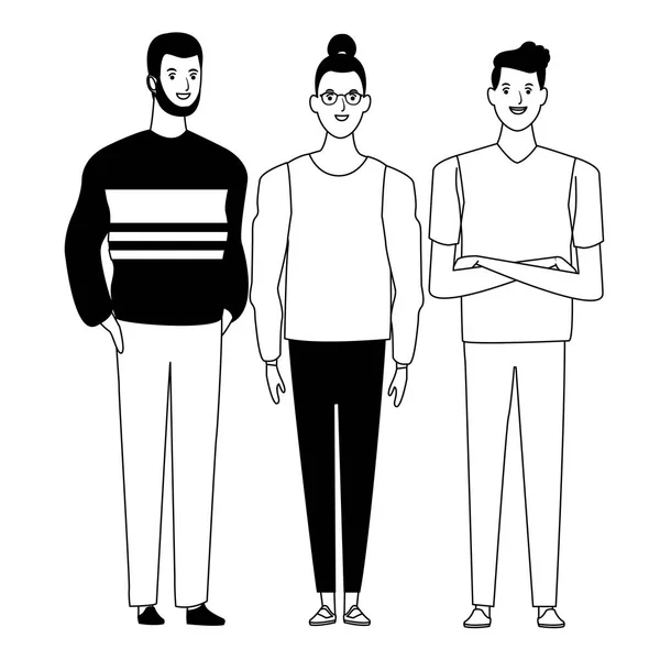 Grupo de personas personaje de dibujos animados avatar en blanco y negro — Archivo Imágenes Vectoriales