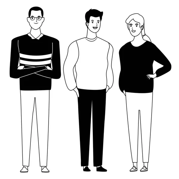 Grupo de personas personaje de dibujos animados avatar en blanco y negro — Archivo Imágenes Vectoriales