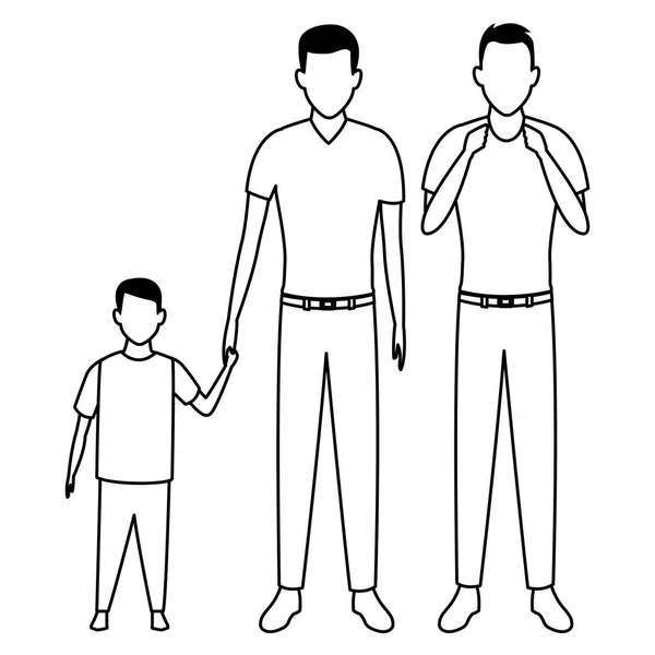 Hommes avec avatar enfant personnage de dessin animé en noir et blanc — Image vectorielle