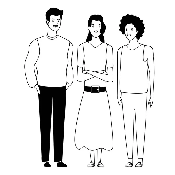 Grupo de personas personaje de dibujos animados avatar en blanco y negro — Archivo Imágenes Vectoriales