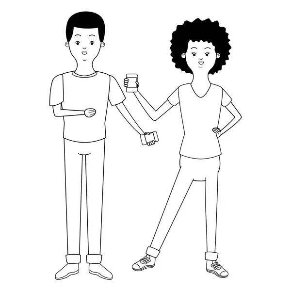 Millennial Couple Cartoon in Schwarz-Weiß — Stockvektor