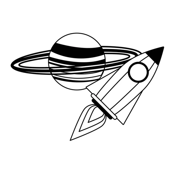 Spaceship flying around saturn in black and white — Stock Vector