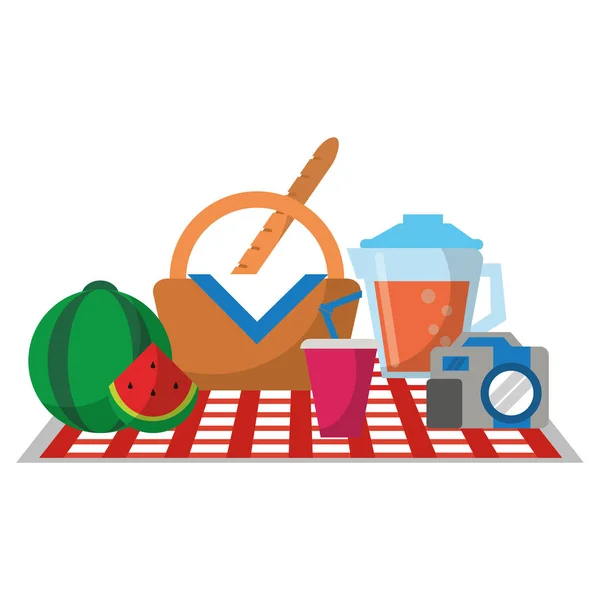 Cesta de picnic con productos alimenticios planos — Archivo Imágenes Vectoriales