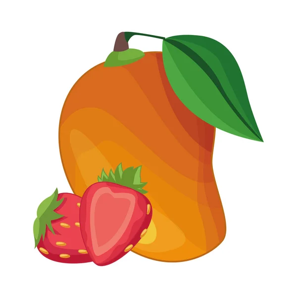 Mango y fresas frutas dibujos animados — Vector de stock