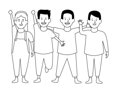 İki çocuk çizgi film siyah ve beyaz olarak gülümseyen