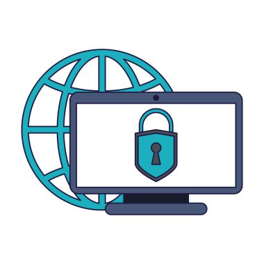 Bilgisayar küresel spehre sembolü mavi çizgiler üzerinde kilitli