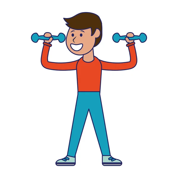 Fitness man lifting dumbbells blue lines — Stock Vector