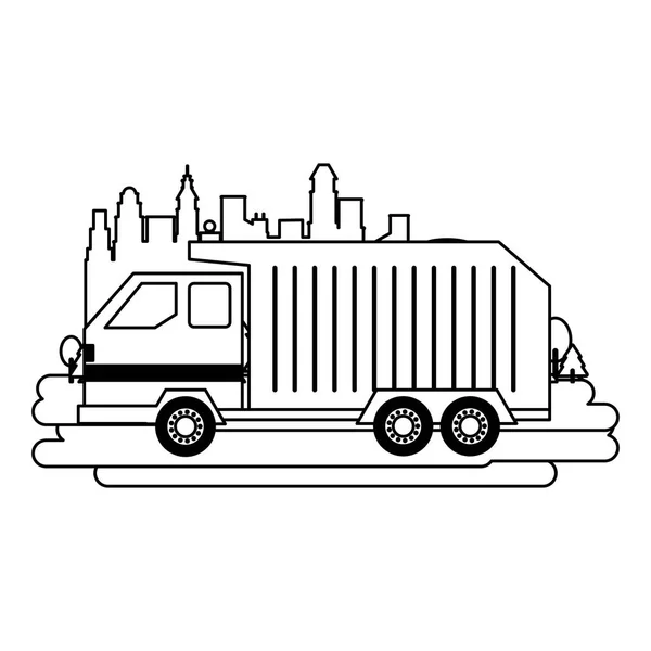 쓰레기 트럭 차량 고립 흑백 — 스톡 벡터
