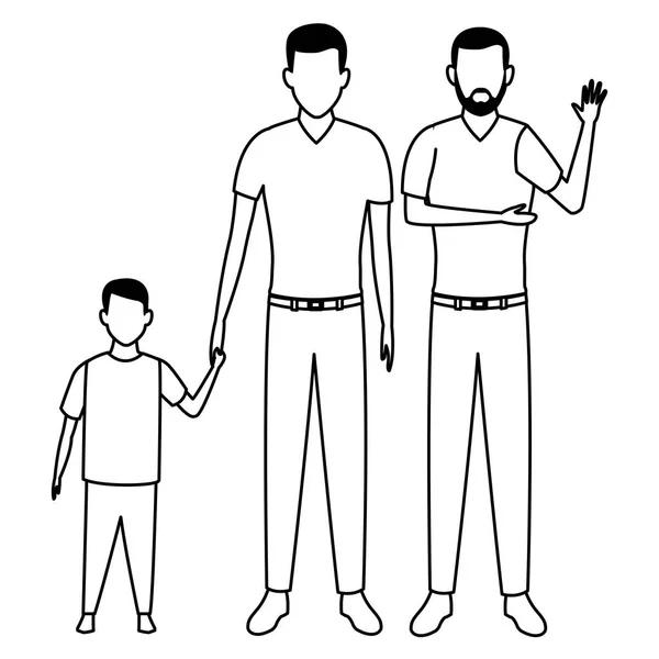 Uomini con bambino avatar personaggio dei cartoni animati in bianco e nero — Vettoriale Stock