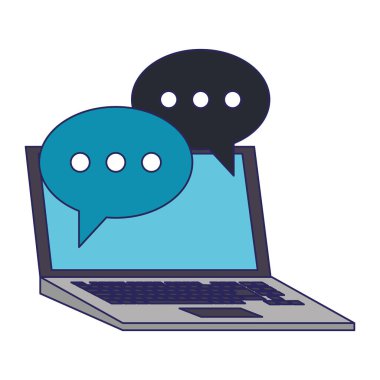 Sohbet kabarcıkları sembollermavi çizgiler ile Laptop
