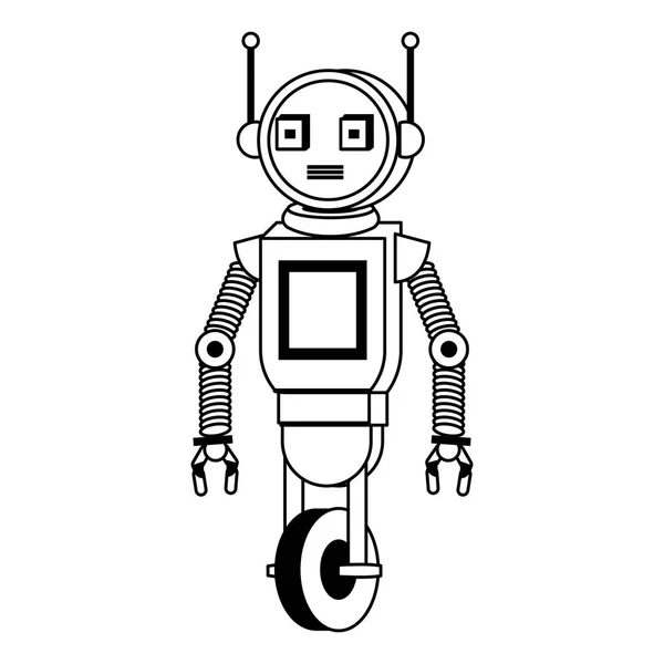 Robot divertido personaje de dibujos animados aislados en blanco y negro — Vector de stock