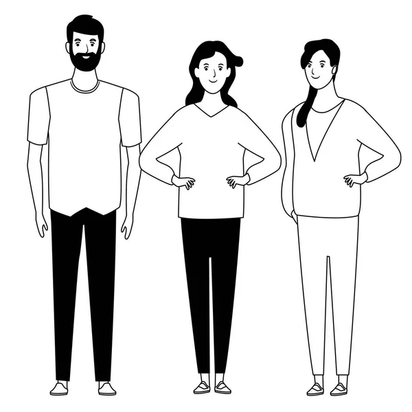 Grupo de personas personaje de dibujos animados avatar en blanco y negro — Vector de stock