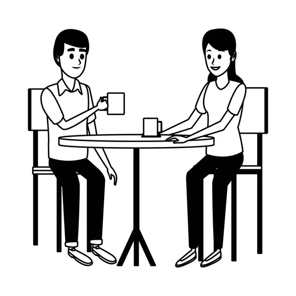 Couple drinking coffee on table in black and white — Stock Vector