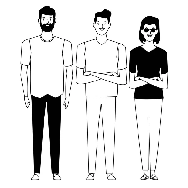 Grupo de pessoas avatar personagem de desenho animado em preto e branco — Vetor de Stock