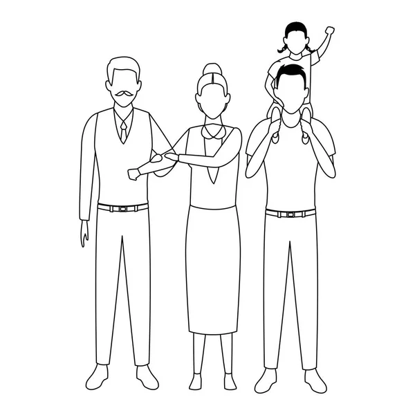 Famille avatar personnage de dessin animé noir et blanc — Image vectorielle