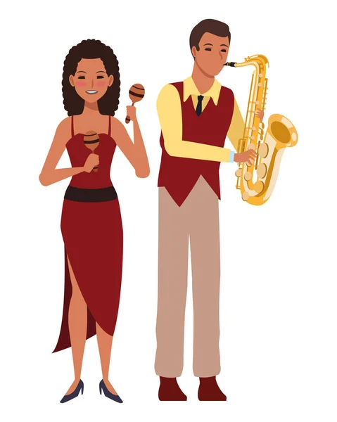 Músico tocando saxofón y maracas — Vector de stock