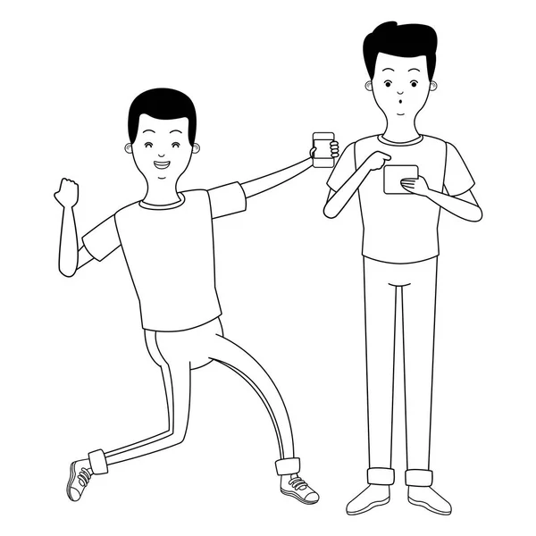 Homens jovens desenhos animados em preto e branco — Vetor de Stock