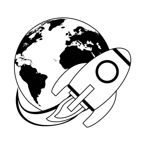 Navire spatial volant autour de la terre en noir et blanc — Image vectorielle
