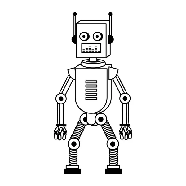 Robot divertido personaje de dibujos animados aislados en blanco y negro — Vector de stock